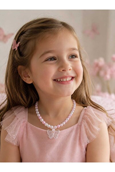 Yağmur Children's Butterfly Necklace Birthday Party Necklace Pink White Color...
