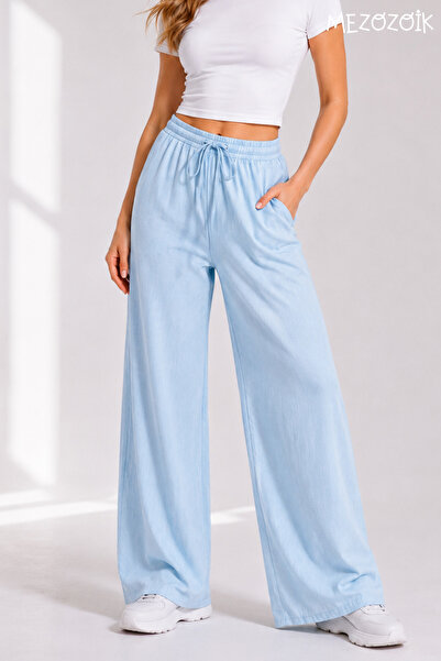 mezozoik Marina Blue Breathable Summer High Waist Lace-Up Wide Leg Women's Tr...