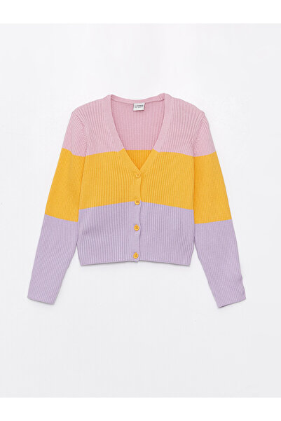 LC Waikiki Vizyon New Season V-Neck Color Blocked Long Sleeve Girls' Knitwear...