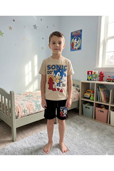 ALİŞ KİDS Boy's Cotton Brown Sonic Patterned Short Sleeve Shorts Summer Top a...