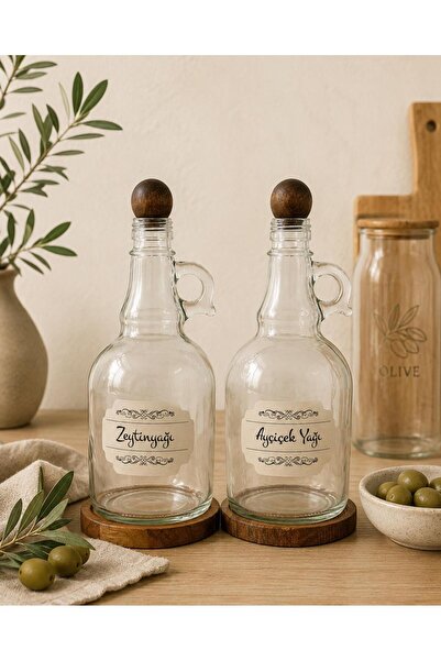 MODA OZY 2'li 1000ml Ahşap Stantlı Ahşap Kapaklı Cam Yağlık Seti Ayçiçek/Zeytin Yağı Etiketli