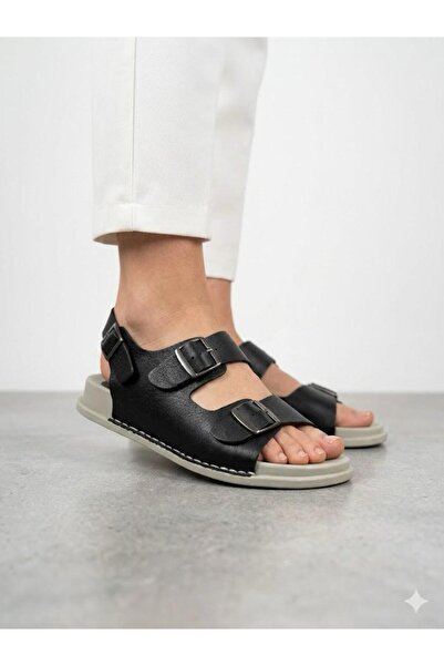Lütfi Women's Black Genuine Leather Orthopedic Sole Daily Comfortable Sandals