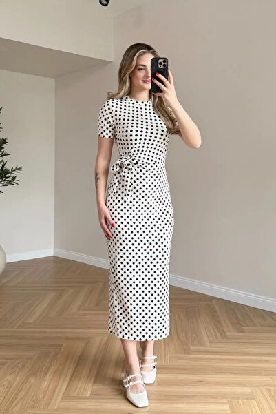 MİROR Women's Polka Dot Pattern Modal Fabric Side Tie Detail Slit Dress