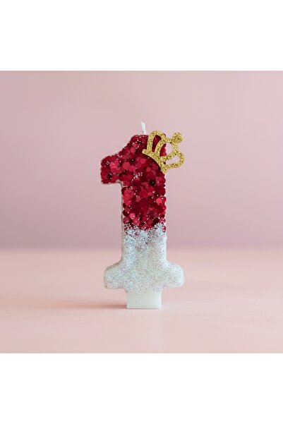 Miki & Miki Fuşya - Simli Taçlı Pasta mumu Doğum günü mum 1 yaş