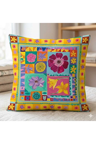 fdm desıgn Retro Çiçek Patchwork Desenli Çift Taraf Baskılı Dekoratif Kırlent...