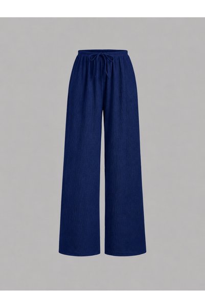 poswicon Navy Blue Shal Collar Short-Sleeved Crop Top and Wide-Leg Bottom Set