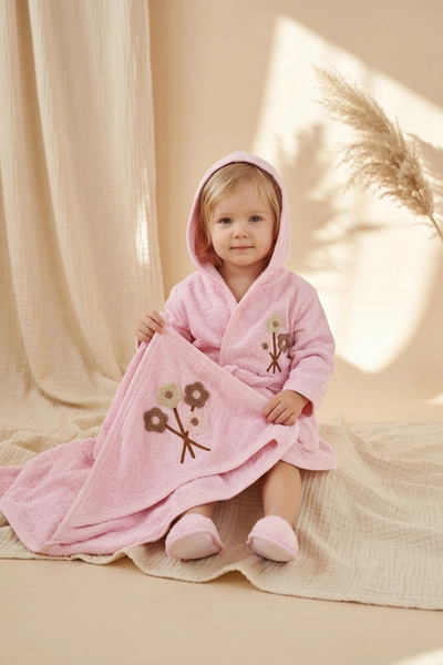 BUUDE Bloom Soft Cotton 4-Piece Embroidered Baby Bathrobe and Towel Set 2-3 Y...