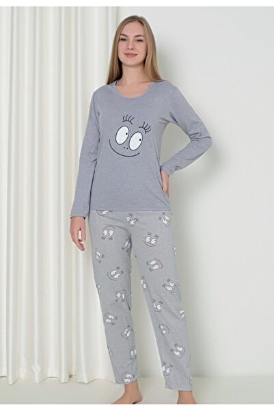 Serena Pijama damă cu mânecă lungă și pantaloni lungi, imprimeu ,,Happy Face'...