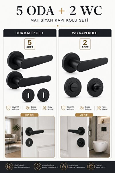 Badem10 (7 TAKIM) 5 ODA + 2 WC Kayı Mat Siyah Rozetli Kapı Kolu Seti Modern Ş...