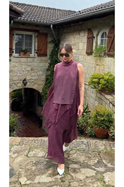 My Blog Set fustă și bluză din șifon cu guler vișiniu și detaliu de legare - ...