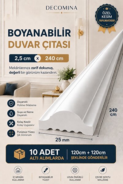 MİVA KONSEPT Dekoratif Boyanabilir Duvar Çıtası (En:2.5cm-Boy:240cm)