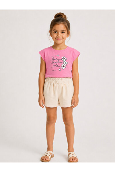 BEREKET BABY Girls' Live Laugh Love Printed Lilac Crop T-Shirt and Grey Short...