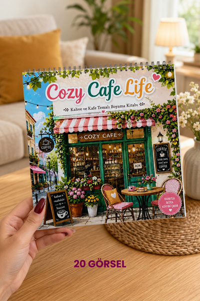 birikiyedi Cozy Cafe Life Boyama Kitabı/Yetişkinler İçin Rahatlatıcı Kafe Tem...
