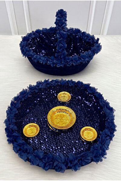 ZEYMERADE Navy Blue Bridal Velvet Henna Night Tray and Basket, Sparkling with...