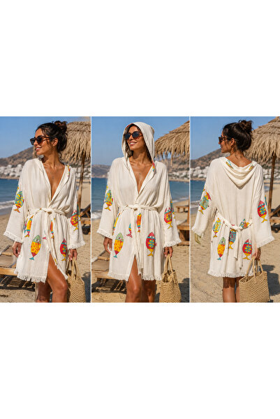 Store Kapüşonlu Çift Kat Müslin Kimono Bornoz Balık Desenli %100 Pamuk Plaj H...
