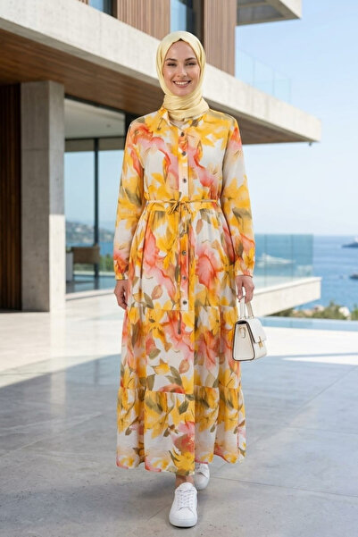 Hb Harma Time Butik Women's Buttoned Patterned Modal Fabric Yellow Dress