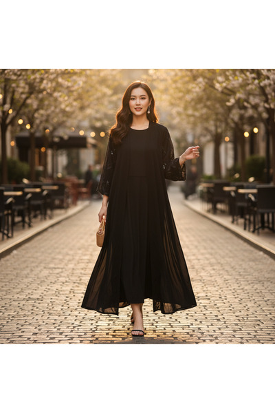 Generic Elegant Black Sequin Embroidered Long Open Abaya