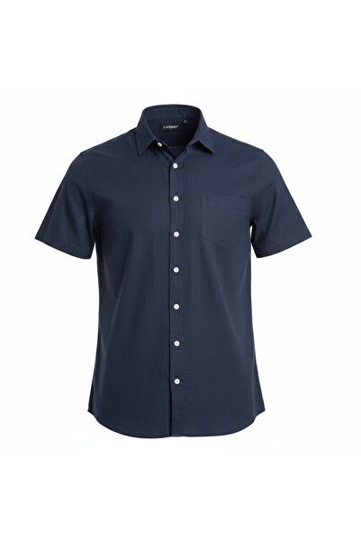 LIVERGY Men's Navy Blue Short Sleeve Linen Shirt