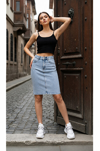 LAYAL MY BEAUTY Kadın Jeans Arka Yırtmaçlı Cepli Günlük Denim Kot Etek Yeni S...