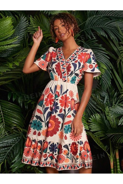 Iuliashop Rochie midi Marsa Albă cu imprimeu multicolor - M