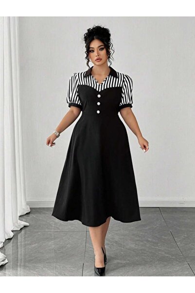 Iuliashop Rochie midi Alabina neagră cu dungi albe - Mărimi mari - 44
