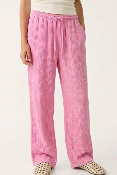 Cockatoo Women's Muslin Wide-Legged Trousers with Elastic Waist and Laces, Co...