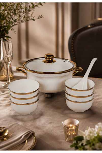 Elegent Luxury White & Gold Ceramic Soup Serving Set with Glass Lid and Iron ...