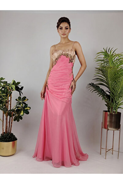 ASIAN Bowknot Dress Evening Gown in Luxurious Gold Appliqué Chiffon Fabric wi...