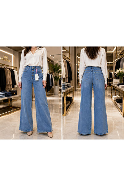 reepi Pantaloni blugi palazzo cu nasturi, albaștri, lungime 102cm