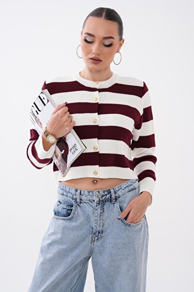 ŞİMAL Women's Striped Patterned Button Closure Knitwear Short Cardigan 260516