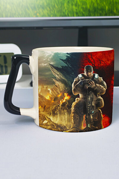 ZipZap كوب سيراميك فاخر مطبوع عليه Gears of War (قطعة واحدة) بمقبض أسود خاص V1D