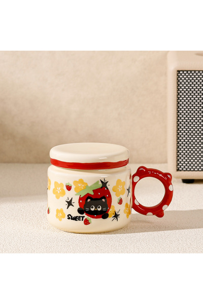 Livava Cute Black Cat Design Ceramic Mug with Lid - Gift - Red