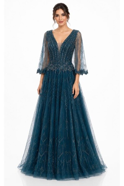 orchid couture Navy Blue Fully Beaded V‑Neck Long Evening Gown with Sheer Sle...