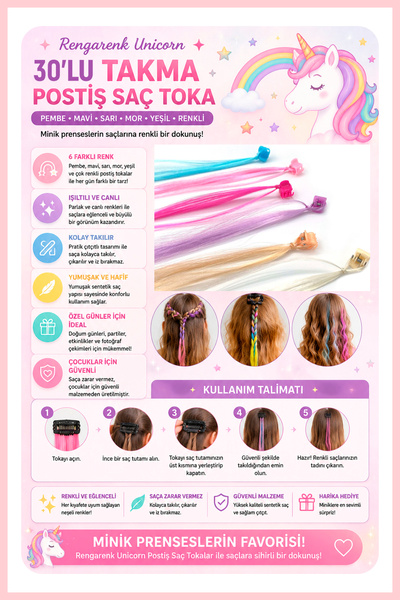Nera Classy 30 Colorful Clip-On Hair Extensions: Pink, Blue, Yellow, Purple, ...