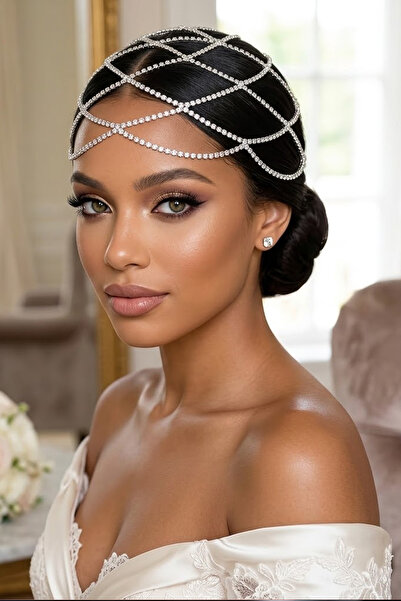 Veille Gold Zirkon Taşlı Gelin Tacı Kristal Saç Zinciri Bridal Headpiece Düğü...