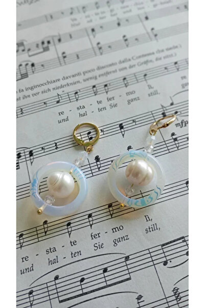 OEM Earrings with 2 cm Opal circle, cultured pearl and cubic zirconia, 18K go...