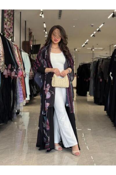 dar laha abaya عباية D446 - سوداء مع طبعات زهرية