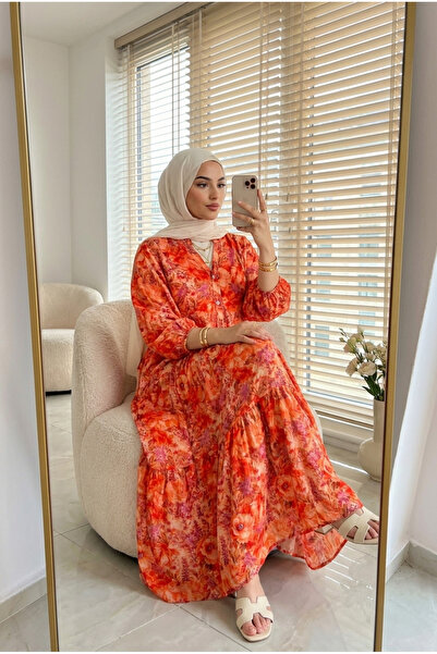 Kirazca Butik Women's Mediterranean-Inspired Floral Patterned Long Hijab Dres...
