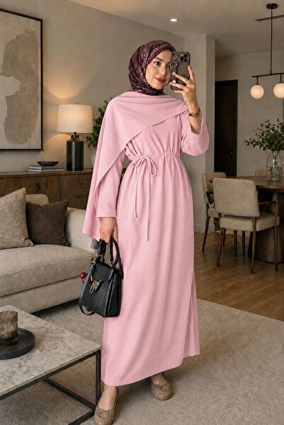 MAG FASHİON Pink Hijab Dress Cotton Fabric Shawl Collar Hijab Dress