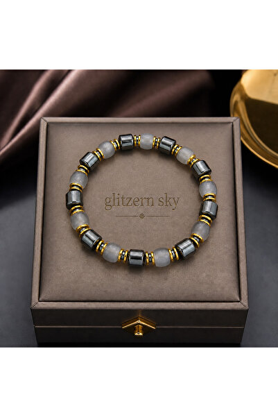 nss sky rock Quartz and Hematite Natural Stone Bracelet 8 mm Unisex Handmade ...