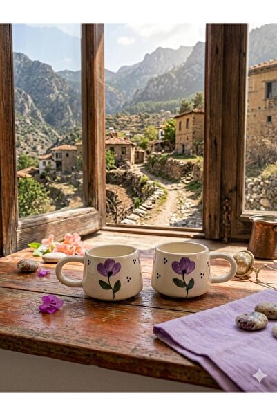 CEYU SERAMİK Set of 2 Purple Poppy Patterned Ceramic Turkish Coffee Cups