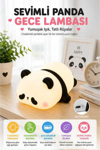 OpenCity Sevimli Panda Gece Lambası USB Şarjlı Dokunmatik Silikon Çocuk Odası...