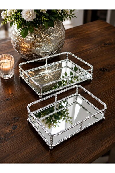 Şahane 2-Piece Rectangular Chain Tray-Silver Tkebt Silver