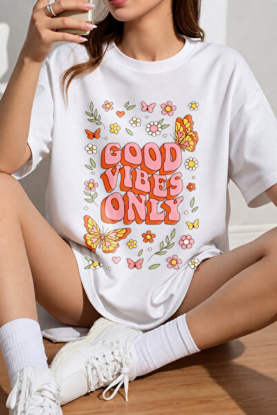 Velostra Women's Good Vibes Butterfly Flower Printed Oversize Crew Neck Cotto...