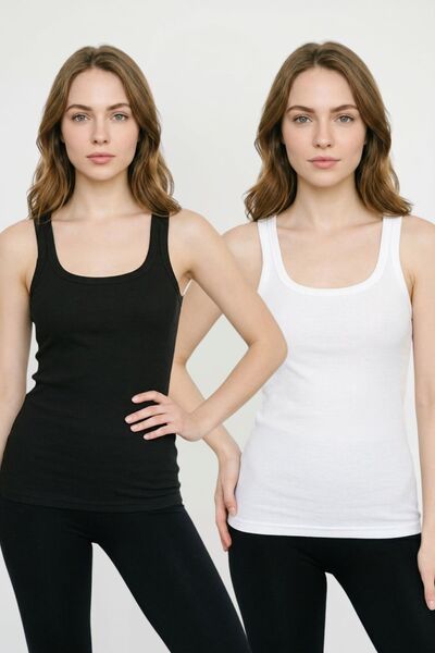 fevien 2-Pack 100% Cotton Ribbed Camisole Thick Strap U-Neck Flexible Comfort...