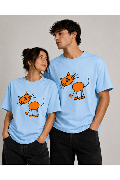 VODEXA Unisex Oversize T-Shirt Orange Cat Printed 100% Cotton T-Shirt Comfort...