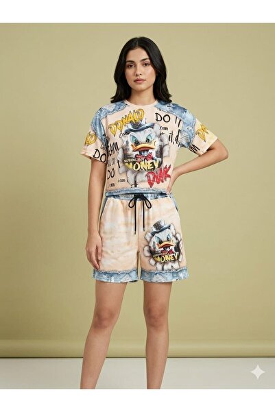 DENİKK Trend Digital Stone Print Embroidery Sequin Oversize Short Sleeve Spor...