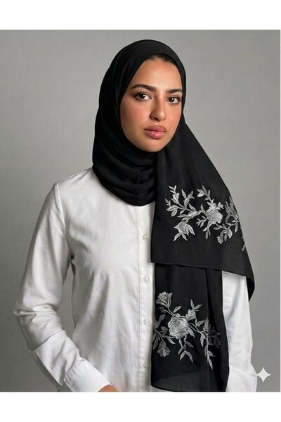 Veil Designer Black Two-Layered Fabric with Embroidery on Both Sides, Rose Br...