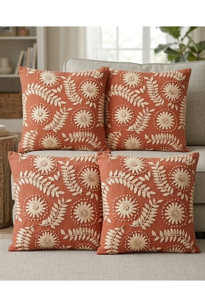 menesahome Brick Color Floral Patterned Punch Embroidery Look Digital Printed...