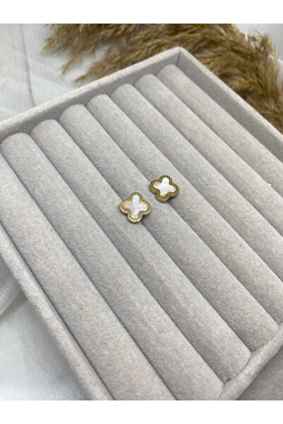 ZEYKU ACCESSORİES Cleef Model Elegant Steel Clover Earrings Gold Color